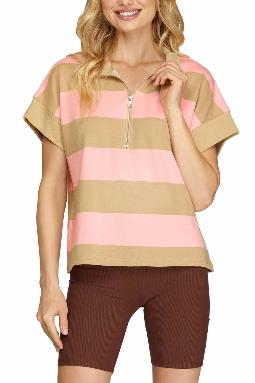 NEW SHE + SKY women's short sleeve mock neck striped sweatshirt in pink